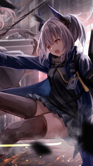 Anime girl with horns and blue coat in battle