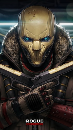 Rogue Company character with golden mask and guns