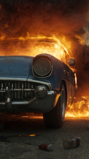 Blue car on fire