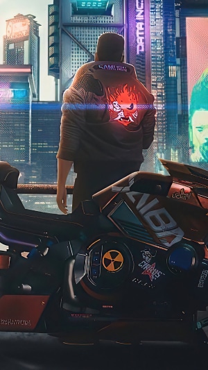 V from Cyberpunk 2077 with a motorcycle