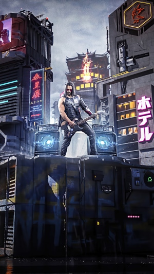 Johnny Silverhand from Cyberpunk 2077 playing guitar in a futuristic city