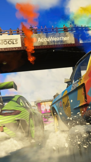 Dirt 5 racing cars with smoke and crowd