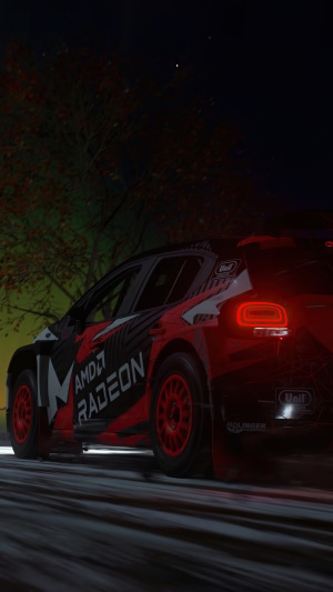 Rally car with AMD Radeon livery at night