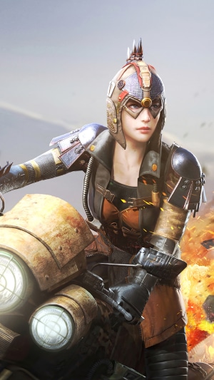 Woman in steampunk armor on a motorcycle in PUBG Mobile