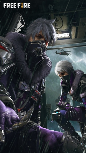 Two characters from Garena Free Fire in a rainy city