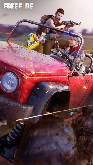 Free Fire characters in a red jeep
