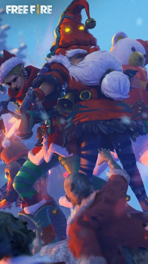 Free Fire characters in Christmas outfits fighting zombies