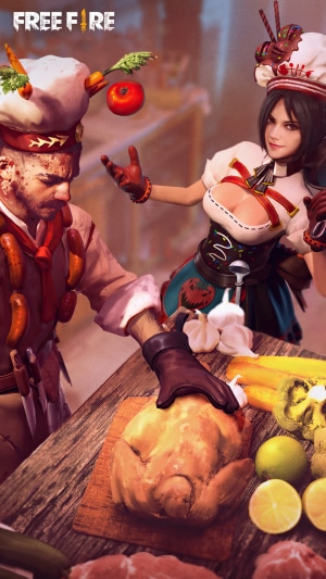 Free Fire characters preparing a roasted chicken