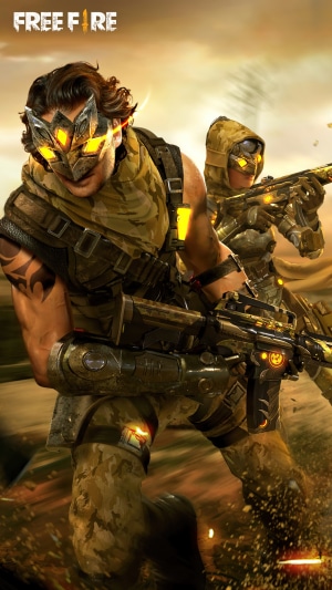 Two soldiers from Garena Free Fire in desert landscape