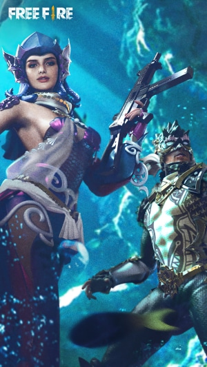 Free Fire characters in underwater-themed outfits