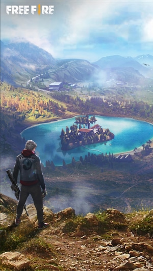 Free Fire character overlooking a lake island landscape