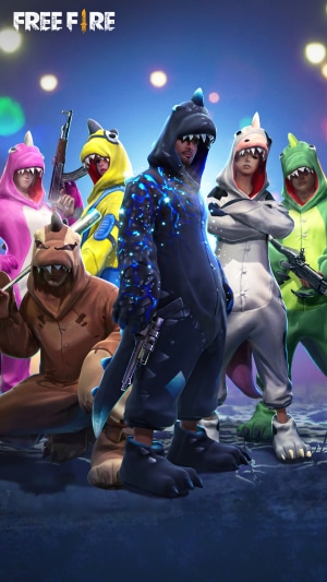 Garena Free Fire characters in dinosaur costumes
