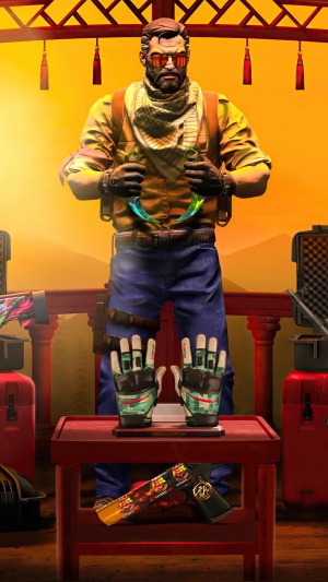 CSGO character with knives, gloves, and pistol