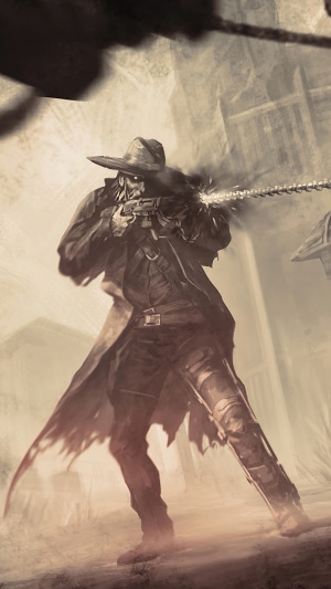 The Deathslinger from Dead by Daylight firing a gun