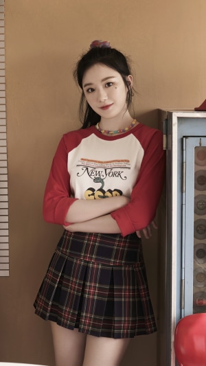 Shuhua from GIDLE wearing a plaid skirt and baseball shirt