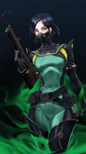 Viper from Valorant holding a rifle