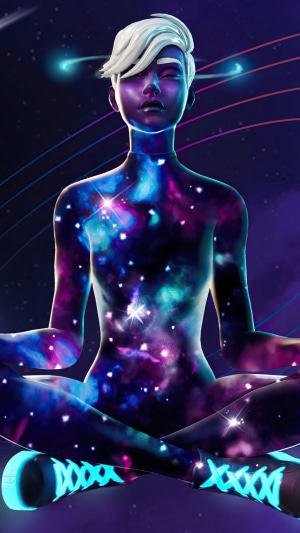 Fortnite character meditating with galaxy skin