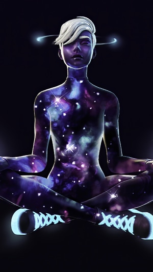 Fortnite character meditating with galaxy skin