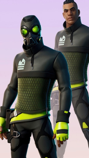Fortnite character with gas mask and green accents