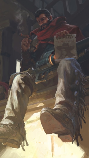 Graves from League of Legends holding a wanted poster