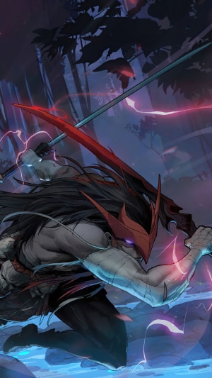Yone from League of Legends fighting with swords