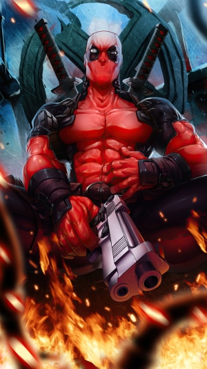 Deadpool from Marvel Comics holding a gun