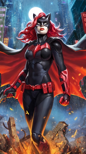 Batwoman from DC Comics in a city at night