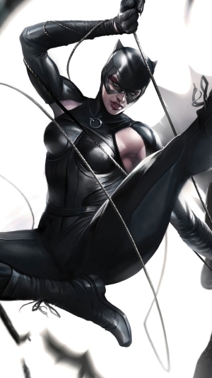 Catwoman from DC Comics swinging on a whip