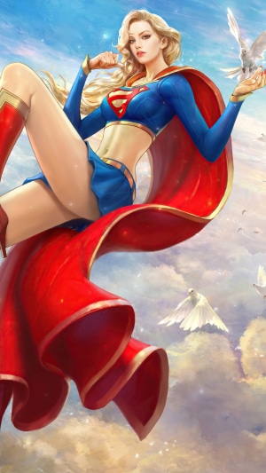Supergirl from DC Comics flying with doves