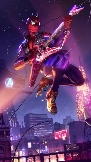 Spider-Punk Playing Guitar in a City at Night