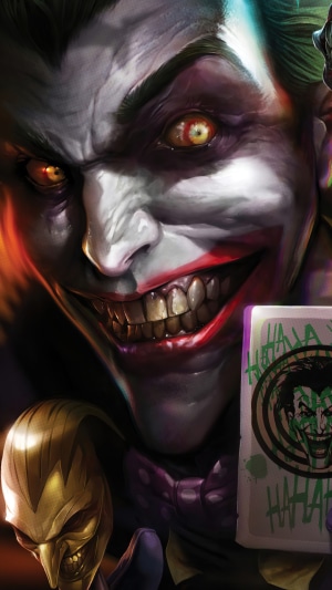 The Joker from DC Comics holding a card