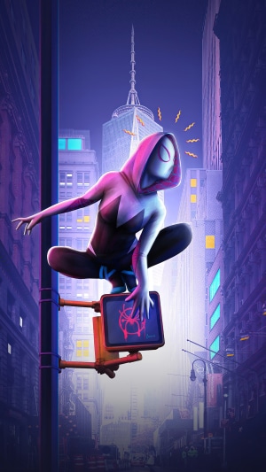 Spider-Gwen from Marvel Comics in a city