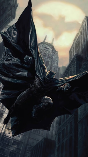 Batman from DC Comics flying through a city