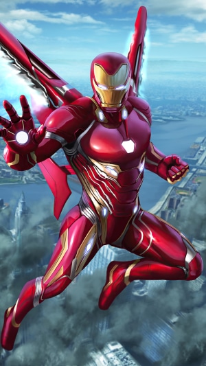 Iron Man from Marvel Comics flying over a city