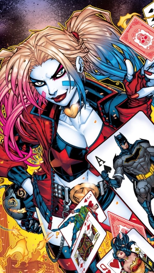 Harley Quinn from DC Comics with Batman and other heroes