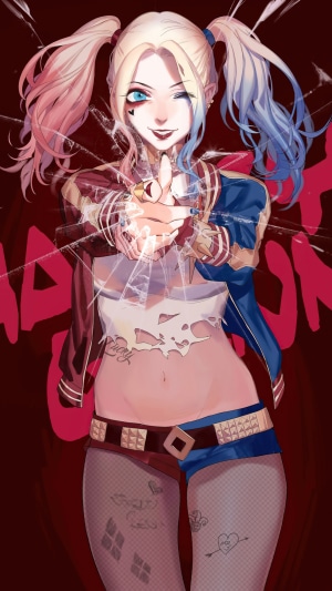 Harley Quinn from DC Comics pointing finger gun