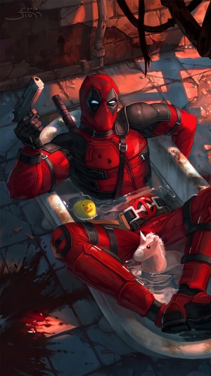 Deadpool in a bathtub with toys and a gun
