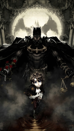 Batman from DC Comics with a child holding scales