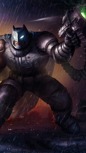 Batman in armored Batsuit holding a weapon