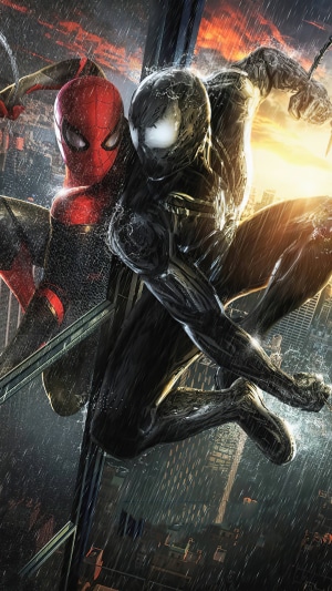 Spider-Man and Venom in a city during a rainstorm