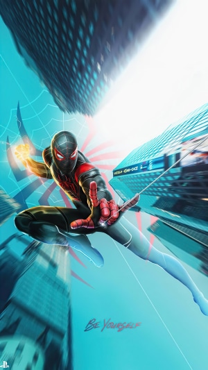 Miles Morales Spider-Man swinging through a city