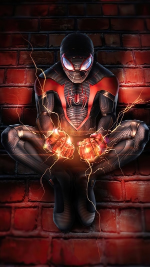 Miles Morales Spider-Man crouched against brick wall