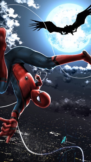Spider-Man swinging through the city at night