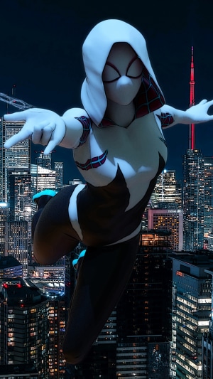 Spider-Gwen from Marvel Comics flying over a city at night