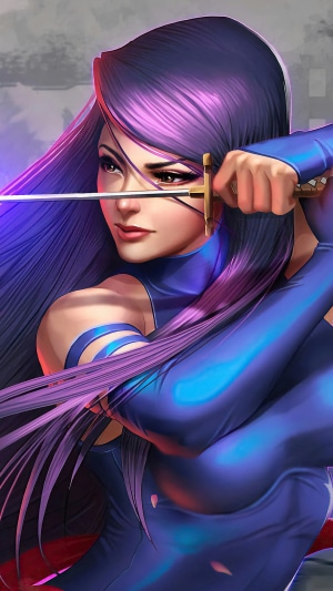 Psylocke from Marvel Comics holding a katana