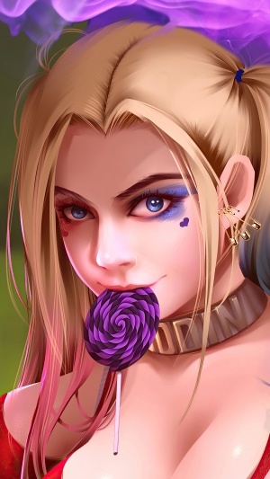 Harley Quinn from DC Comics with a lollipop