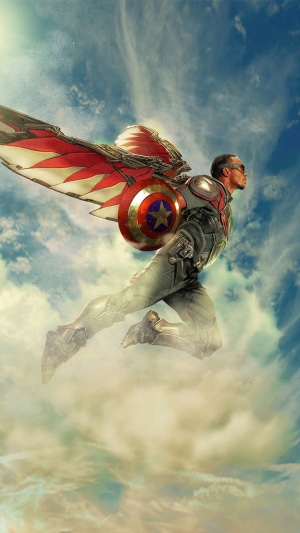 Falcon from Marvel Comics flying with wings and shield