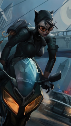 Catwoman from DC Comics riding a motorcycle