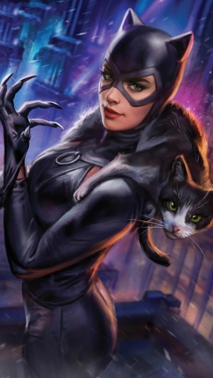 Catwoman from DC Comics with a cat