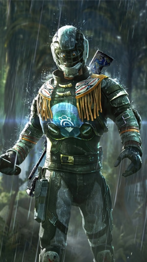 Soldier in futuristic armor in the rain